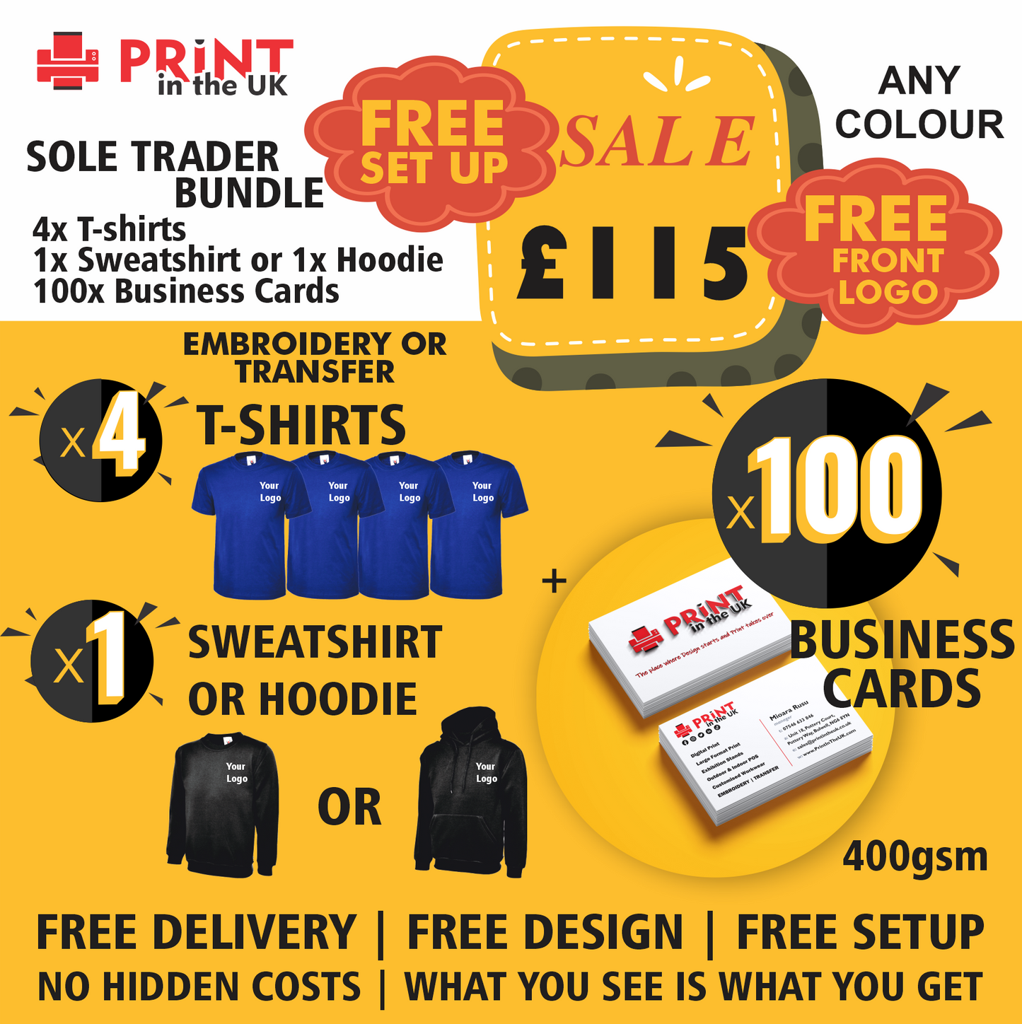 Sole Trader Bundle |   4 T-shirts + 1 Sweatshirt + 100 Business Cards | Free Front Logo | Free Delivery